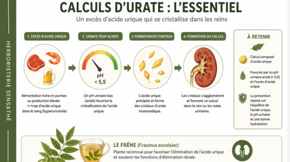 Schéma illustrant la formation des calculs d'urate à partir d'un excès d'acide urique dans les voies urinaires - Herboristerie Sensathé Schéma illustrant la formation des calculs d'urate à partir d'un excès d'acide urique dans les voies urinaires - Herboristerie Sensathé
